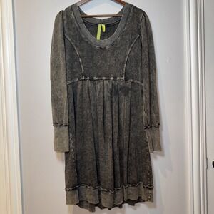 Green Dragon Stonewash Black Tunic Sweater Dress Distressed Pleated XL Grunge
